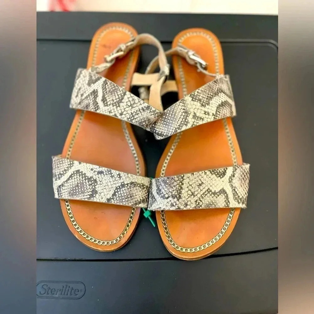 Vince Camuto Snake Print Strappy Sandals in Tan and Gray